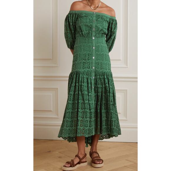 Veronica Beard Cali Off Shoulder Broderie Anglaise Cotton Voile Maxi Dress Green - Picture 1 of 8